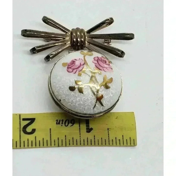 Vintage Brooch Double Locket Guilloche Roses NOS Ball & Ribbon Bow 12k Gold GE - Picture 8 of 10